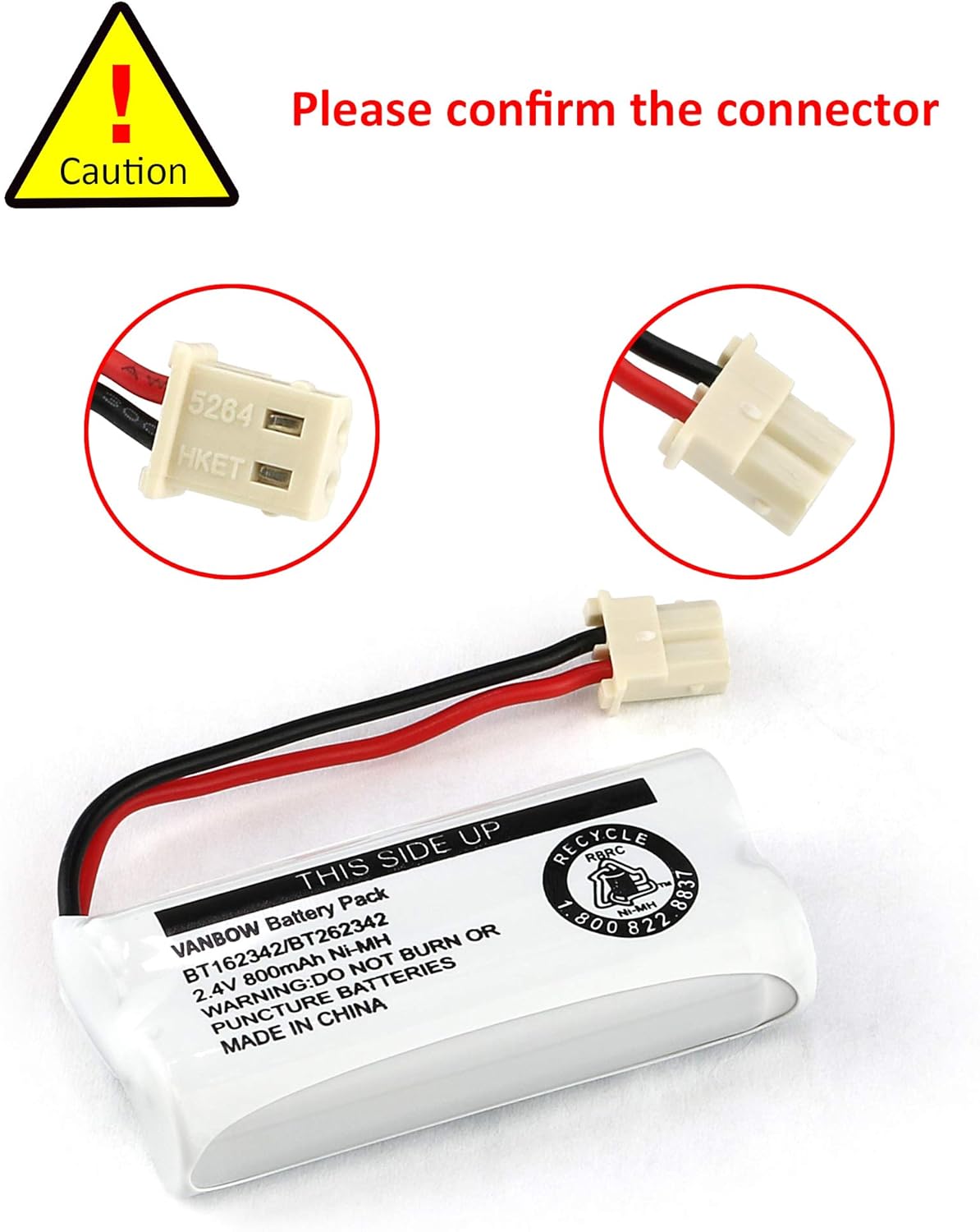 Alerta para confirmação do conector da bateria VANBOW BT162342 com close no conector branco de dois pinos.