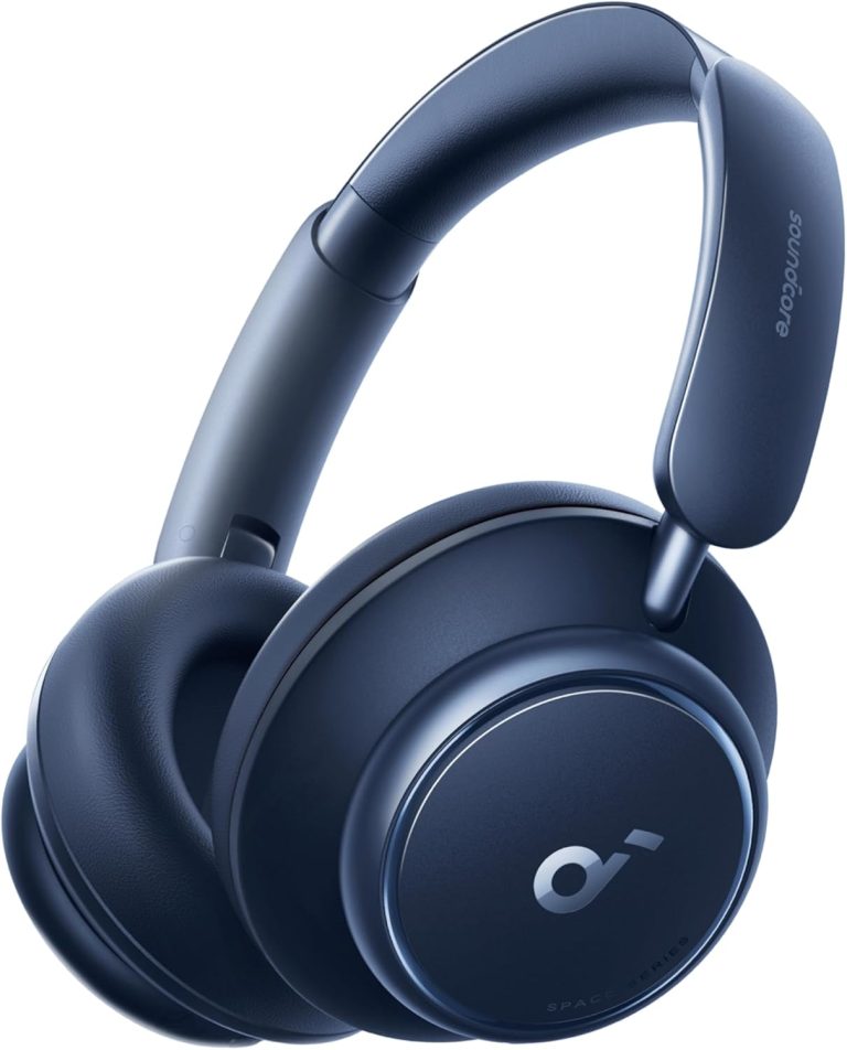 Fones de ouvido Soundcore Space Q45 over-ear azuis com cancelamento adaptativo e design ergonômico.