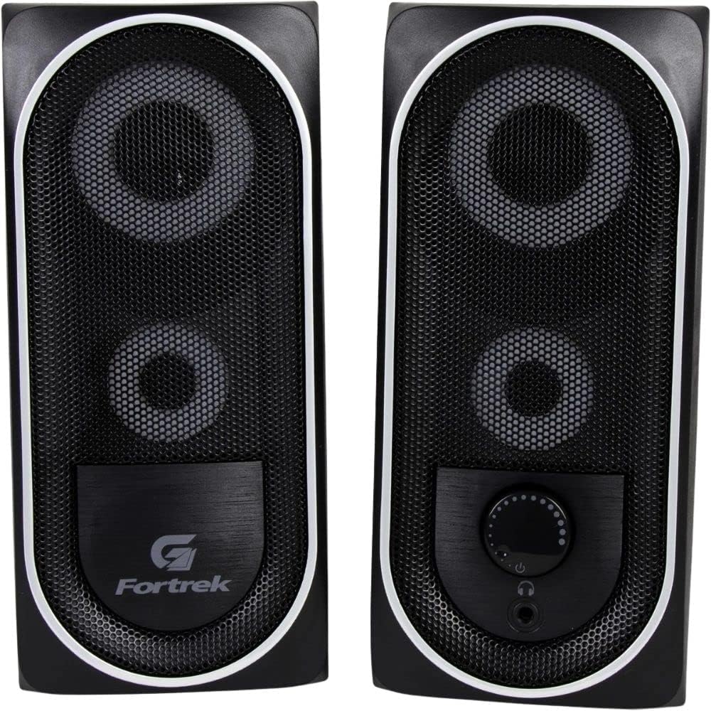 Caixas de som multimídia Fortrek Black Hawk pretas com detalhes brancos, controle de volume frontal e entrada para fone.