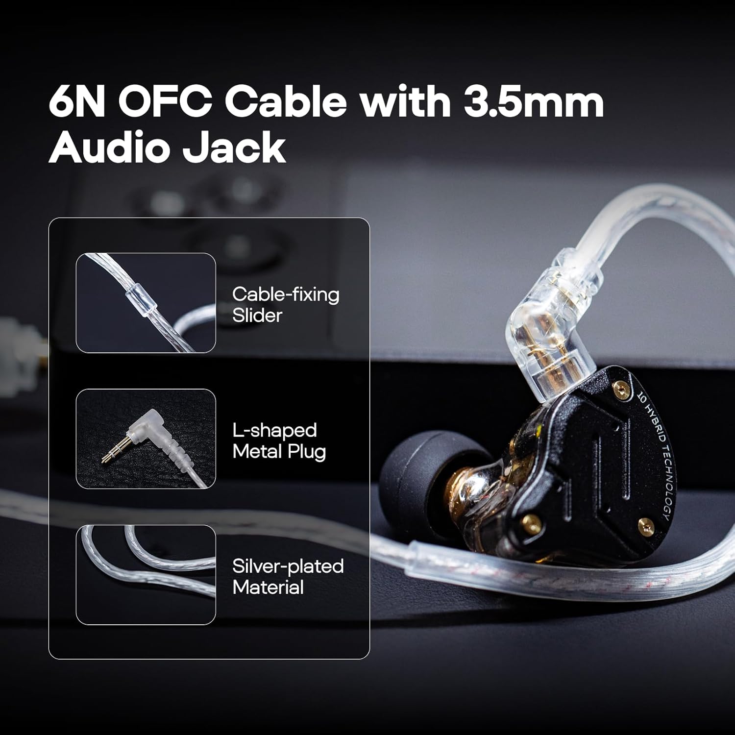 Cabo 6N OFC com conector 3,5mm dos fones Linsoul KZ ZS10 Pro com slider e plug metálico em L.