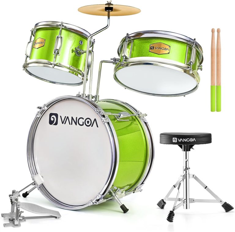 Kit bateria acústica verde Vangoa para iniciantes com baquetas, banquinho e pedal