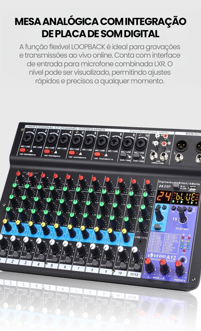 Mesa de som analógica digital VEDO A12 com função Loopback, entrada combinada LXR e controle digital de efeitos