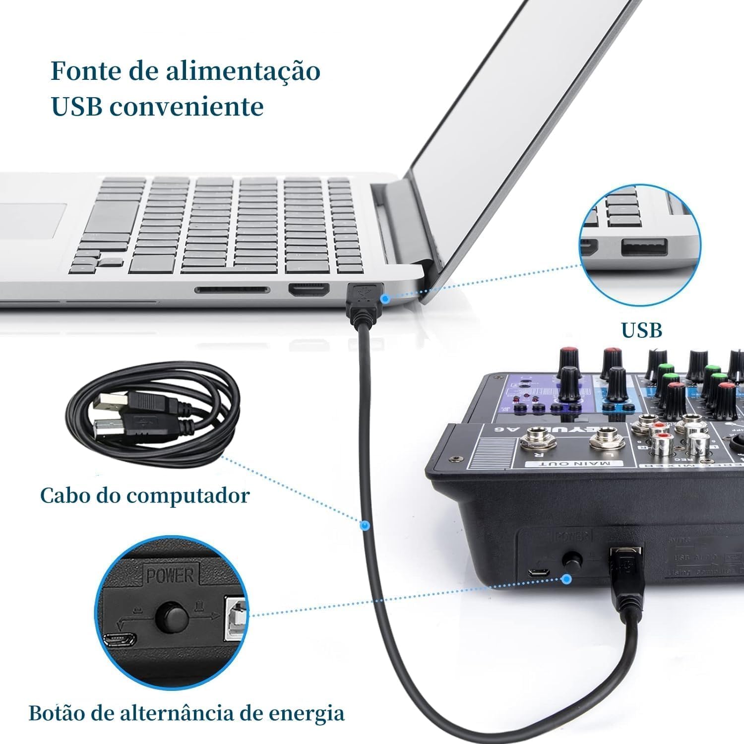 Mesa de som TEYUN A6 com fonte de alimentação USB conectada a um laptop e botão de alternância de energia.