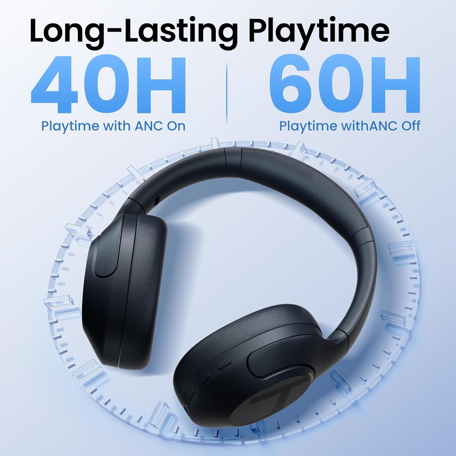 Fones Haylou S35 com longa duração de bateria: até 40h com ANC ligado e 60h com ANC desligado.