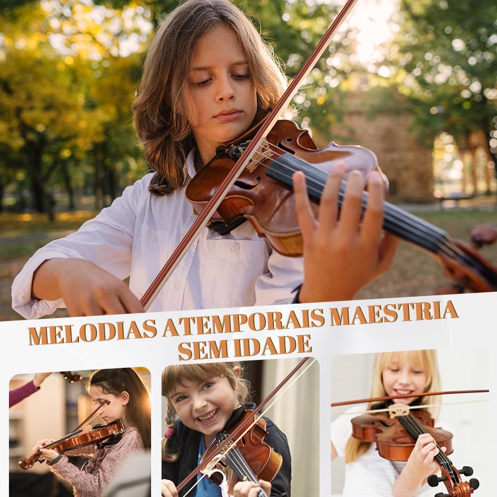 Jovens tocando violino 3/4 profissional, destacando acessibilidade para todas idades.