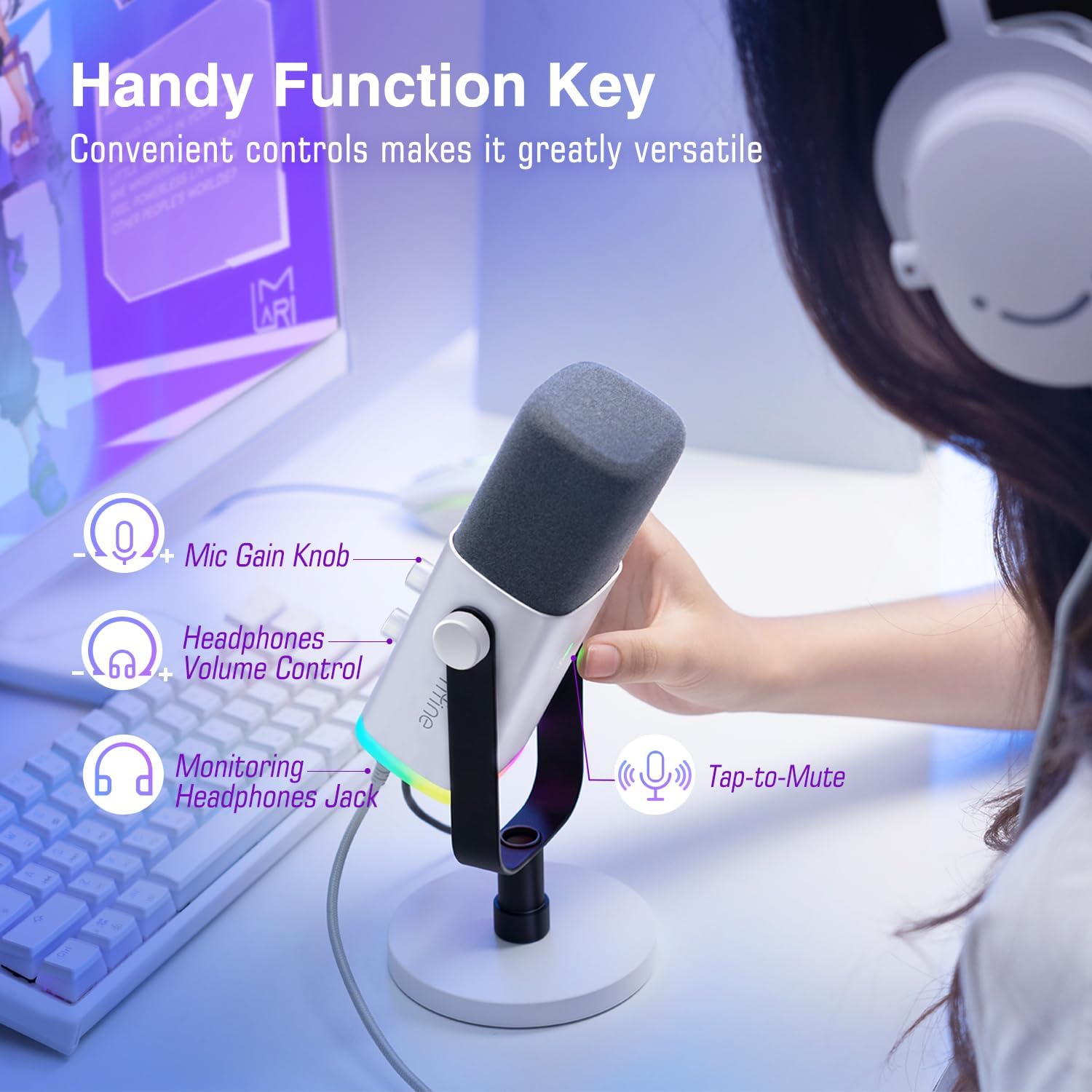 FIFINE AM8 microfone branco com controles de ganho, volume, entrada para fones e toque para mudo