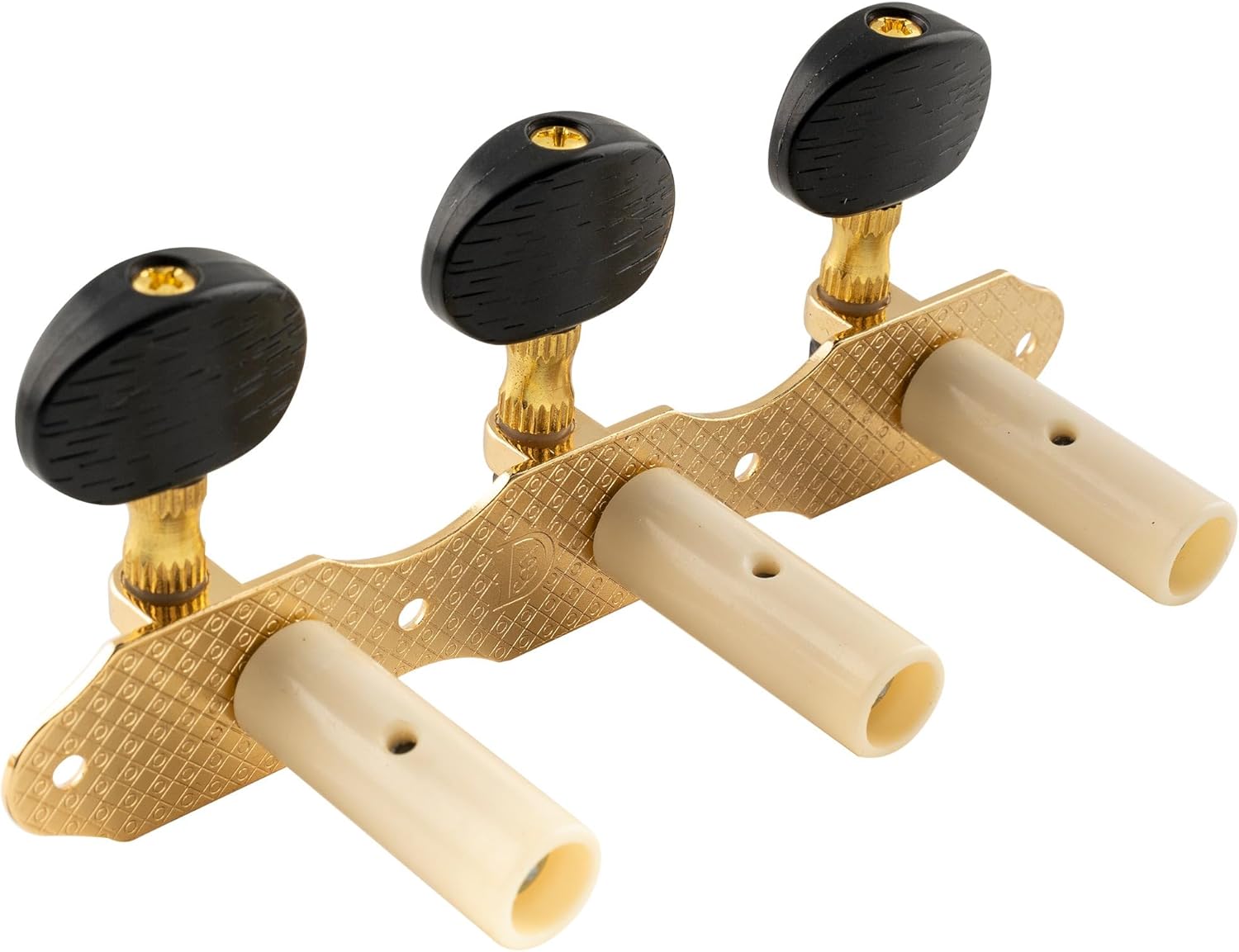 Tarraxas douradas Musiclily Pro para violão clássico vista lateral com botões pretos e eixos plásticos brancos