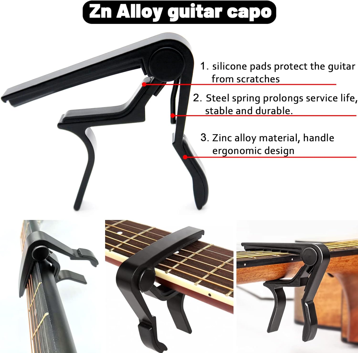 Capotraste preto para violão em liga de zinco com proteção em silicone e mola de aço.