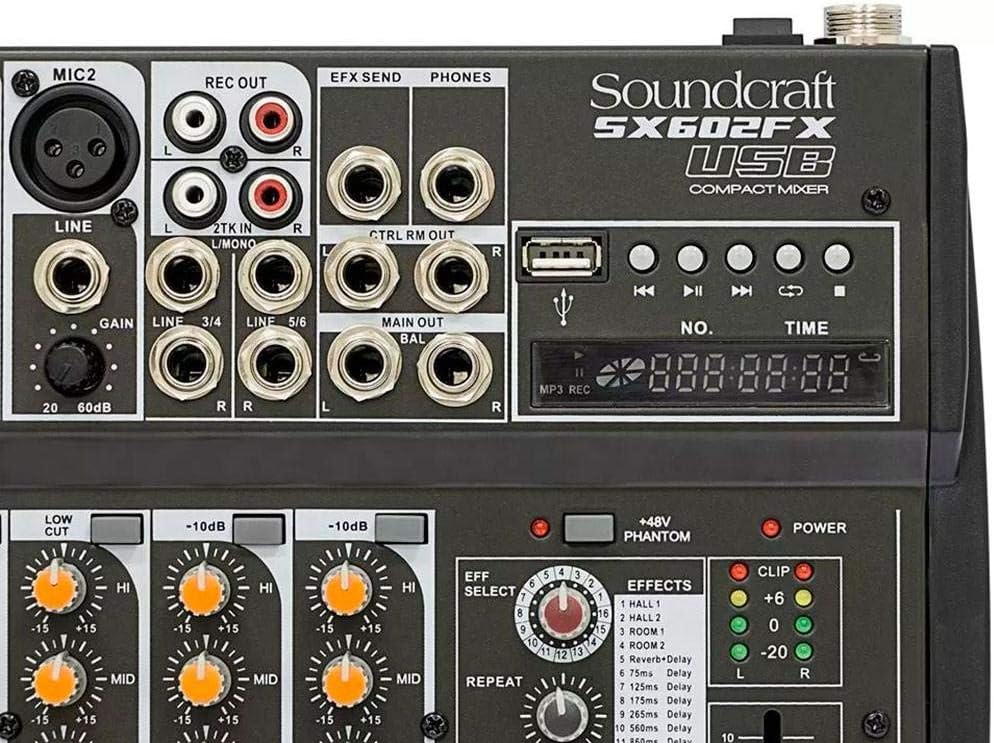 Painel superior mesa de som Soundcraft SX602FX USB com entradas XLR, USB, controles de efeitos e indicadores de status.