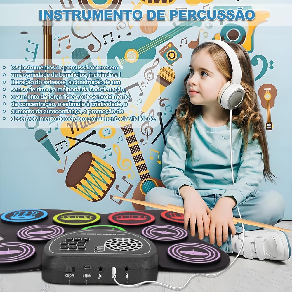 Bateria eletrônica Yedelna destacando benefícios do instrumento de percussão para crianças.