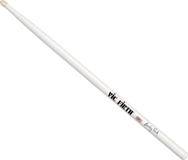 Baqueta Vic Firth Buddy Rich em madeira de nogueira com ponta arredondada branca