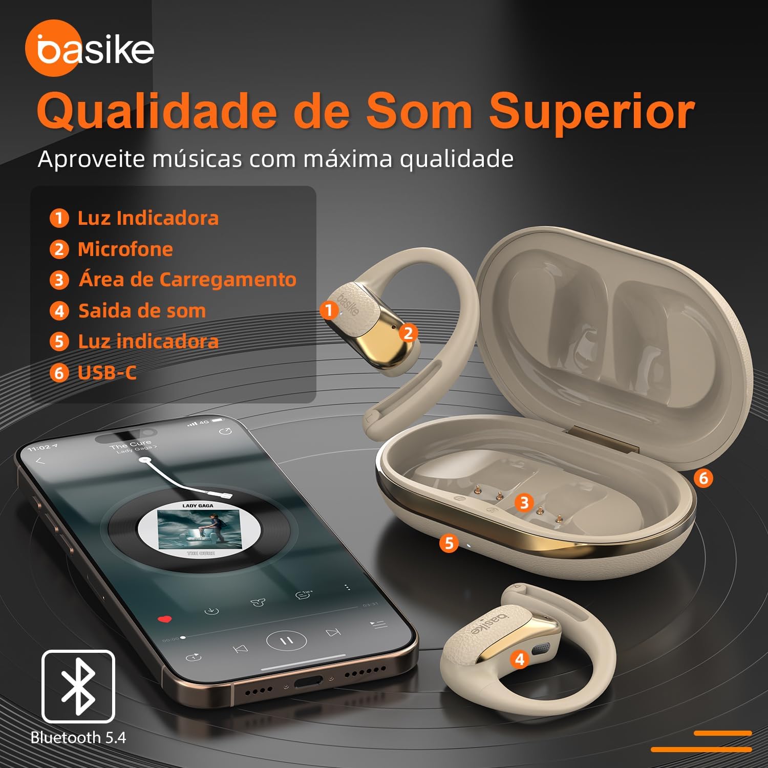 Fone Bluetooth Basike FON249 com destaque para luz indicadora, microfone, carregamento USB-C e conexão Bluetooth 5.4.