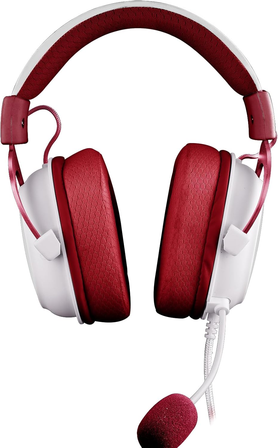 Headset gamer Redragon Zeus X branco e vermelho visto de frente com microfone e almofadas confortáveis.