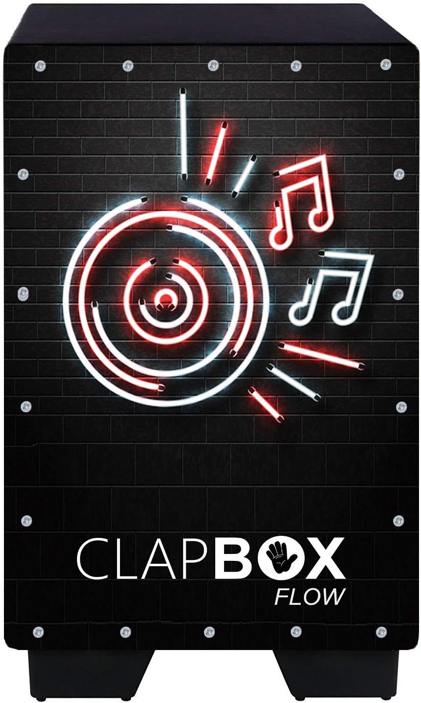 Cajon preto Clapbox Flow com design gráfico em néon vermelho e branco visto de frente