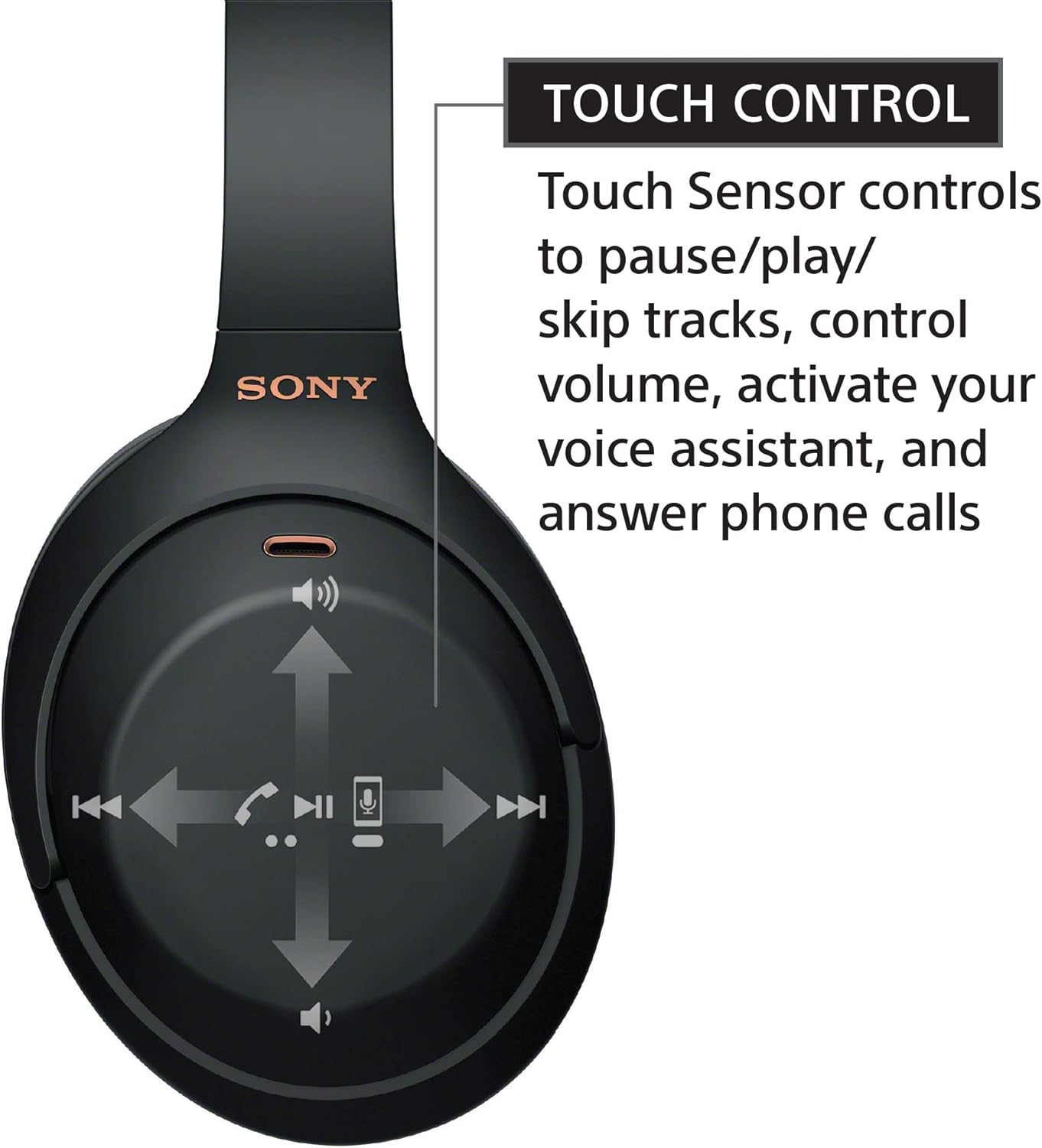 Fone Sony WH-1000XM4 preto com controle por toque para reprodução, chamadas e assistente de voz