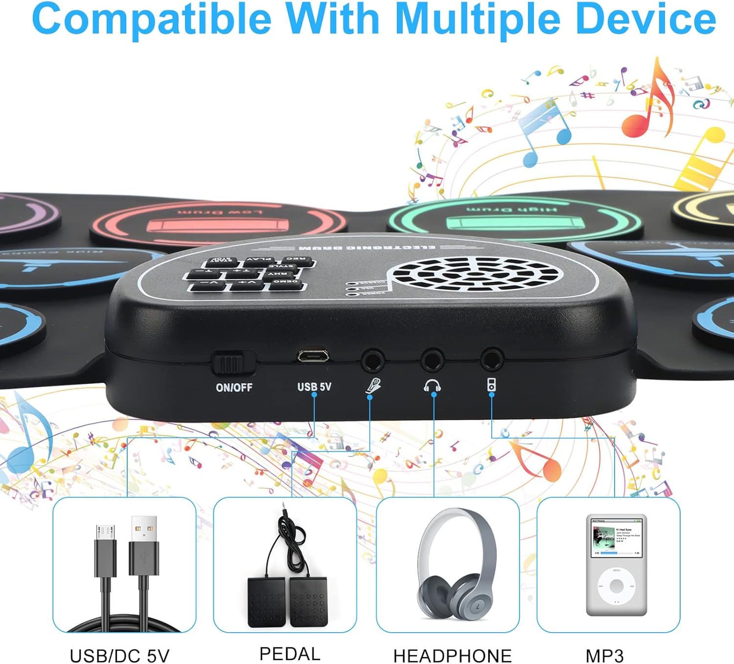 Detalhe das conexões USB, pedal, fone de ouvido e MP3 na bateria eletrônica Marrilley.