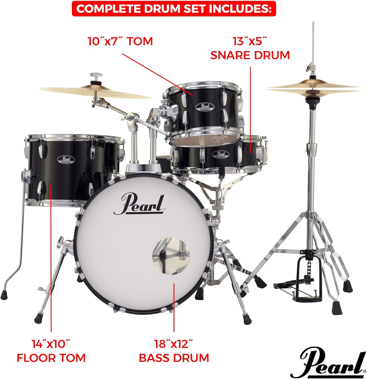 Kit bateria acústica Pearl Roadshow RS584C/C706 preto com dimensões detalhadas dos tambores