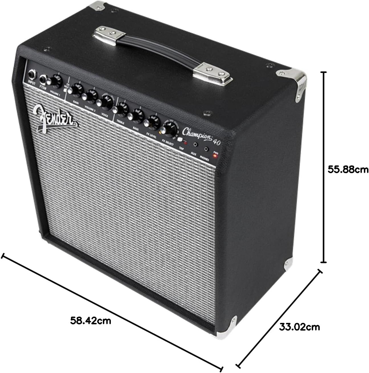 Amplificador combo Fender Champion 40 para guitarra preto com dimensões e controles visíveis