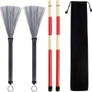 Conjunto Meideal de escovas retráteis para bateria com varas para jazz, folk e rock, com bolsa preta.