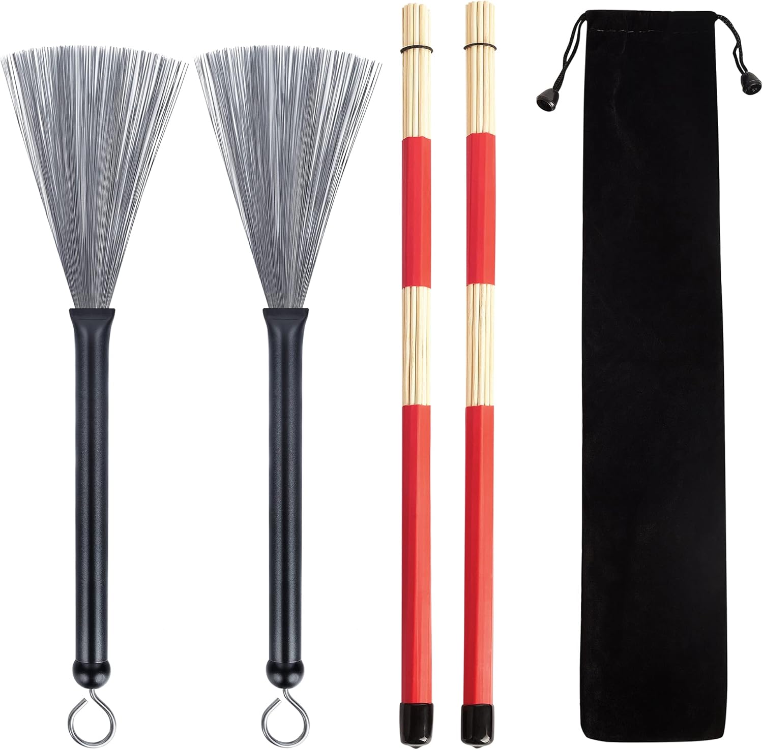 Conjunto Meideal de escovas retráteis para bateria com varas para jazz, folk e rock, com bolsa preta.