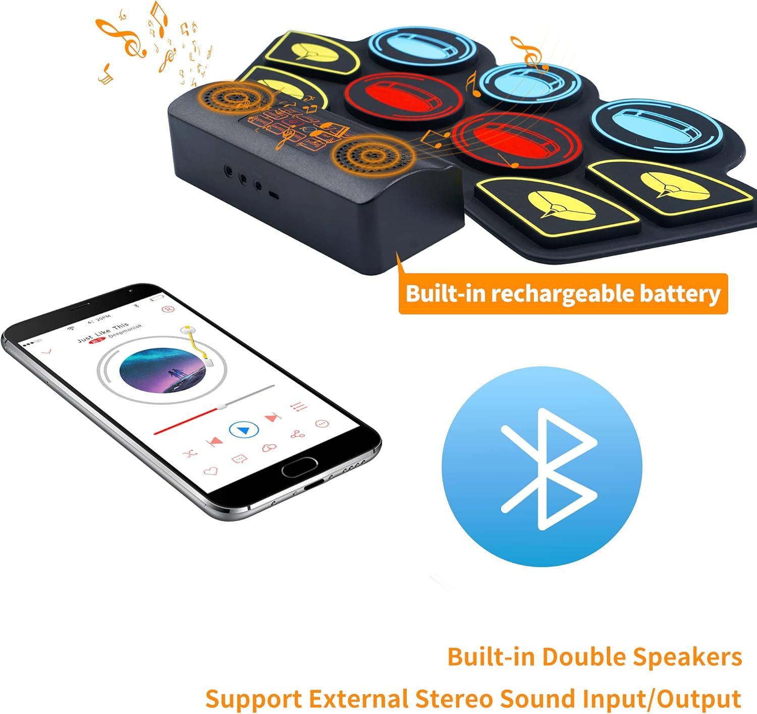 Bateria eletrônica Vhffoso com bateria recarregável, alto-falantes duplos embutidos e conectividade Bluetooth.