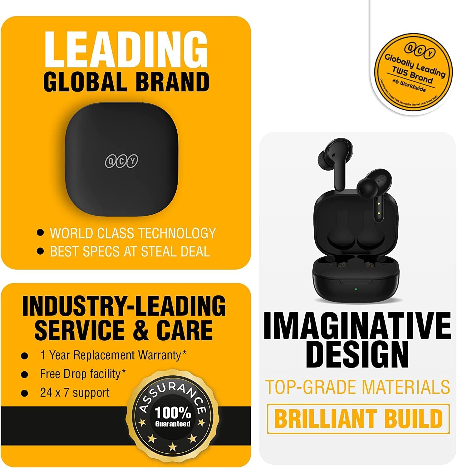 Promoção da marca global QCY com fones T13 destacando tecnologia avançada e serviço ao cliente