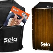 Cajón Sela marrom em madeira com capa preta, bolsa frontal e manual/DVD - kit completo