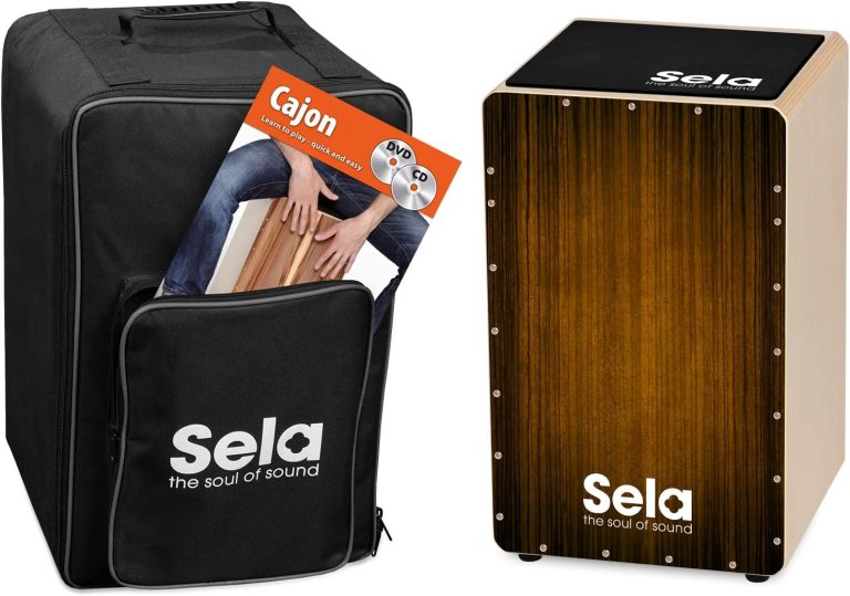 Cajón Sela marrom em madeira com capa preta, bolsa frontal e manual/DVD - kit completo