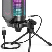 Microfone condensador USB FIFINE A6V para jogos com iluminação RGB, suporte tripé e cabo USB.