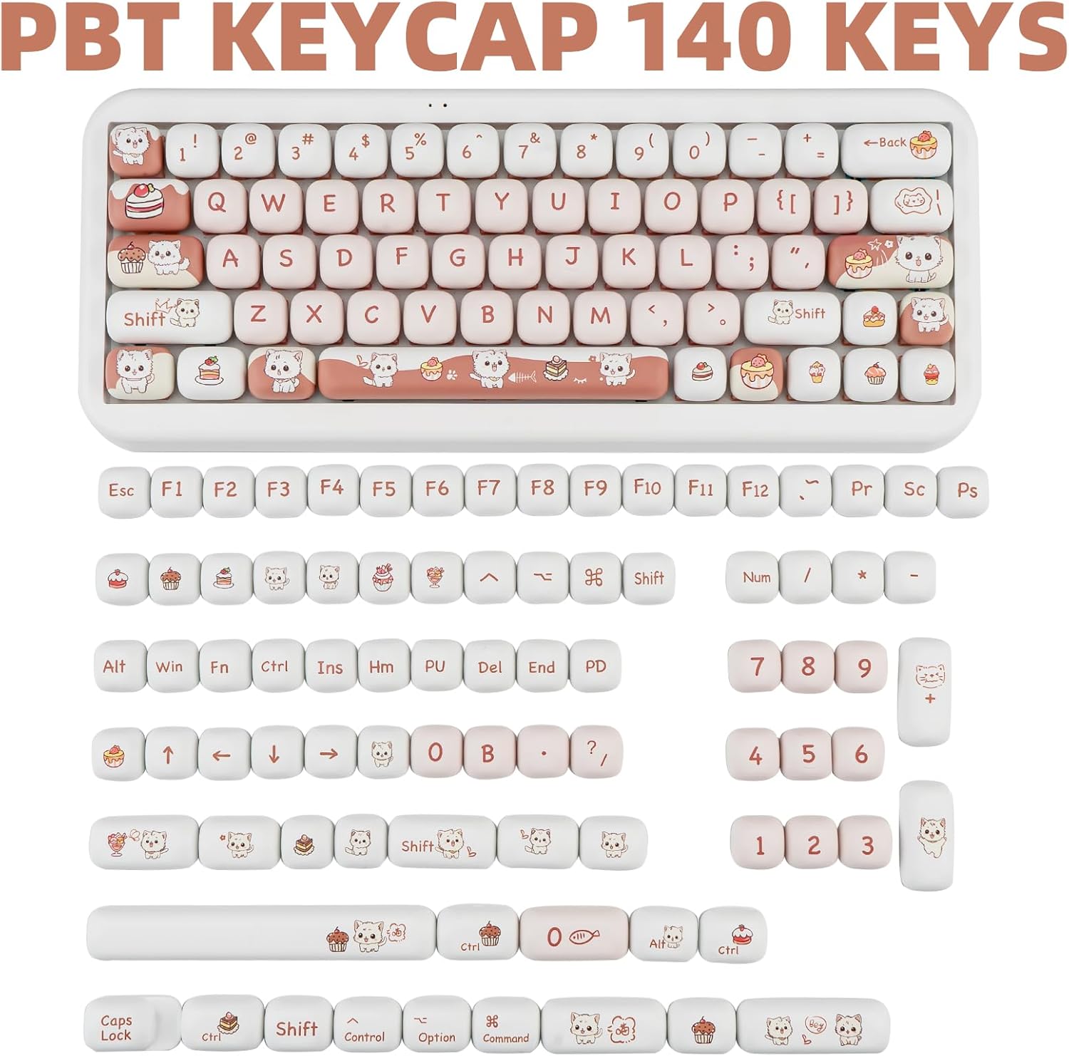 Conjunto completo de 140 teclas PBT perfil MOG para teclado personalizado com desenhos de gatos e doces