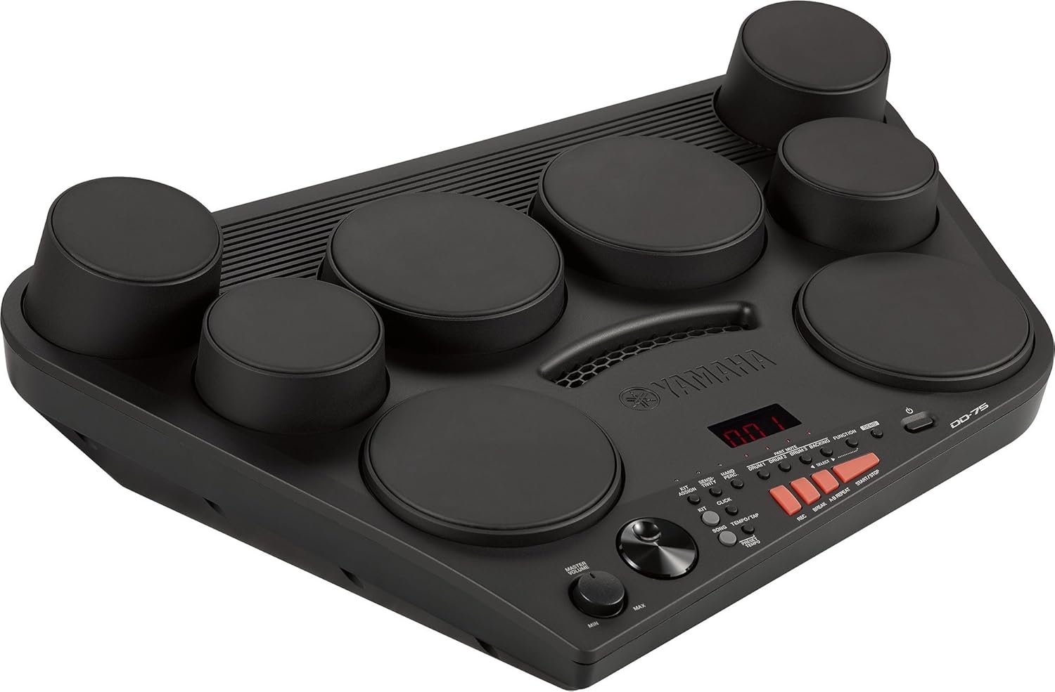 Bateria eletrônica portátil Yamaha DD75 preta com 8 pads, painel frontal com botões e display digital