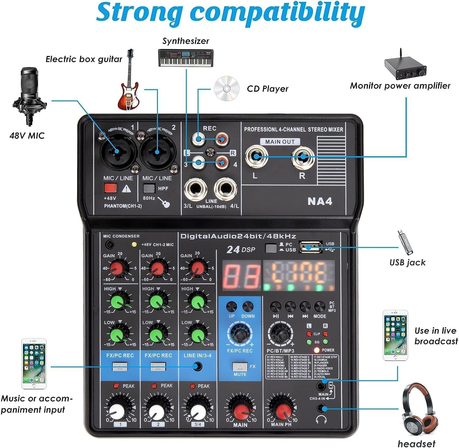 Mixer TEYUN NA4 compatível com múltiplos dispositivos como microfone, guitarra, sintetizador, USB e transmissão ao vivo