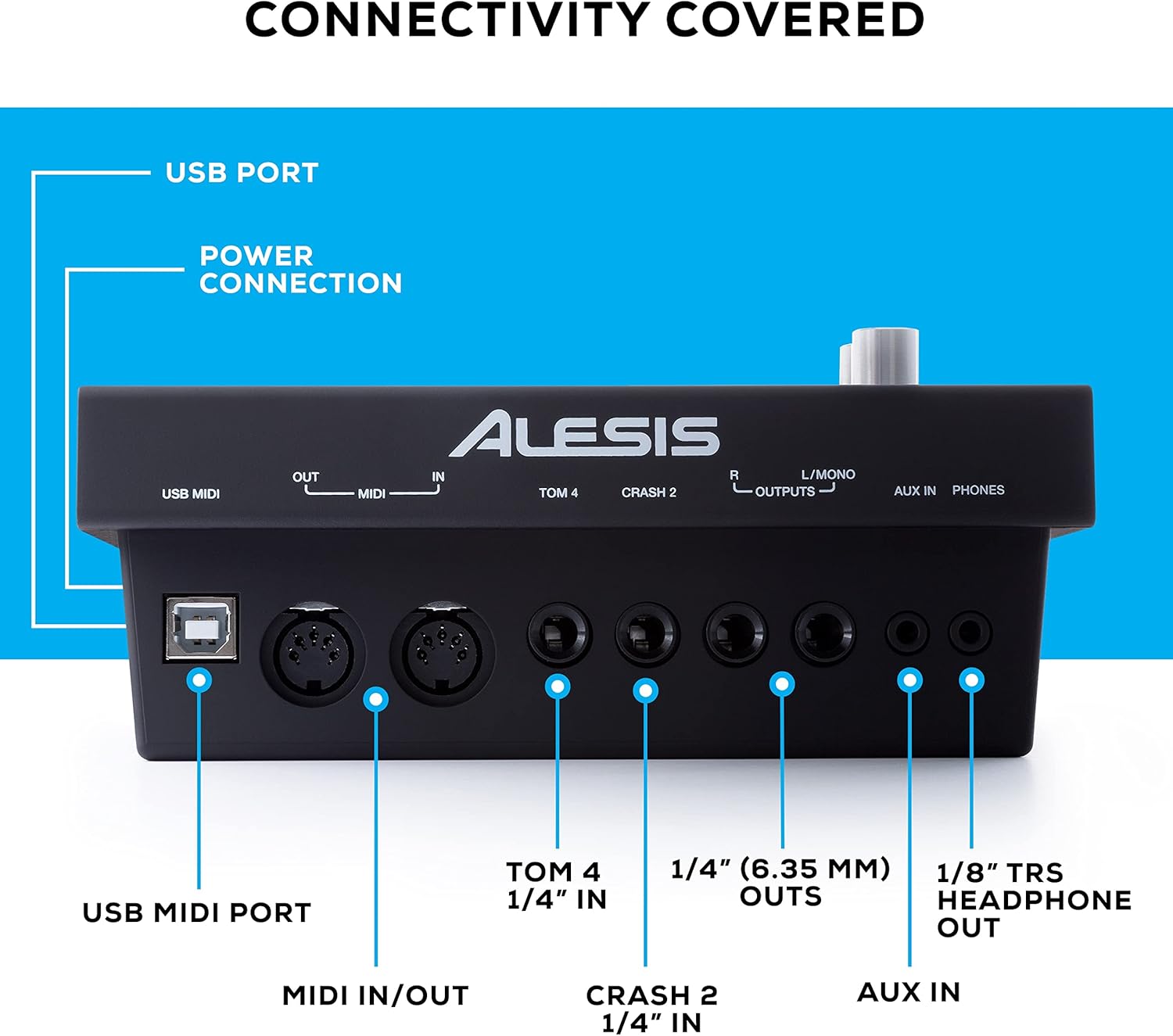 Painel traseiro do módulo Alesis Command Mesh SE com portas USB MIDI, MIDI in/out, entradas de tom e crash, saídas de áudio e entrada auxiliar.