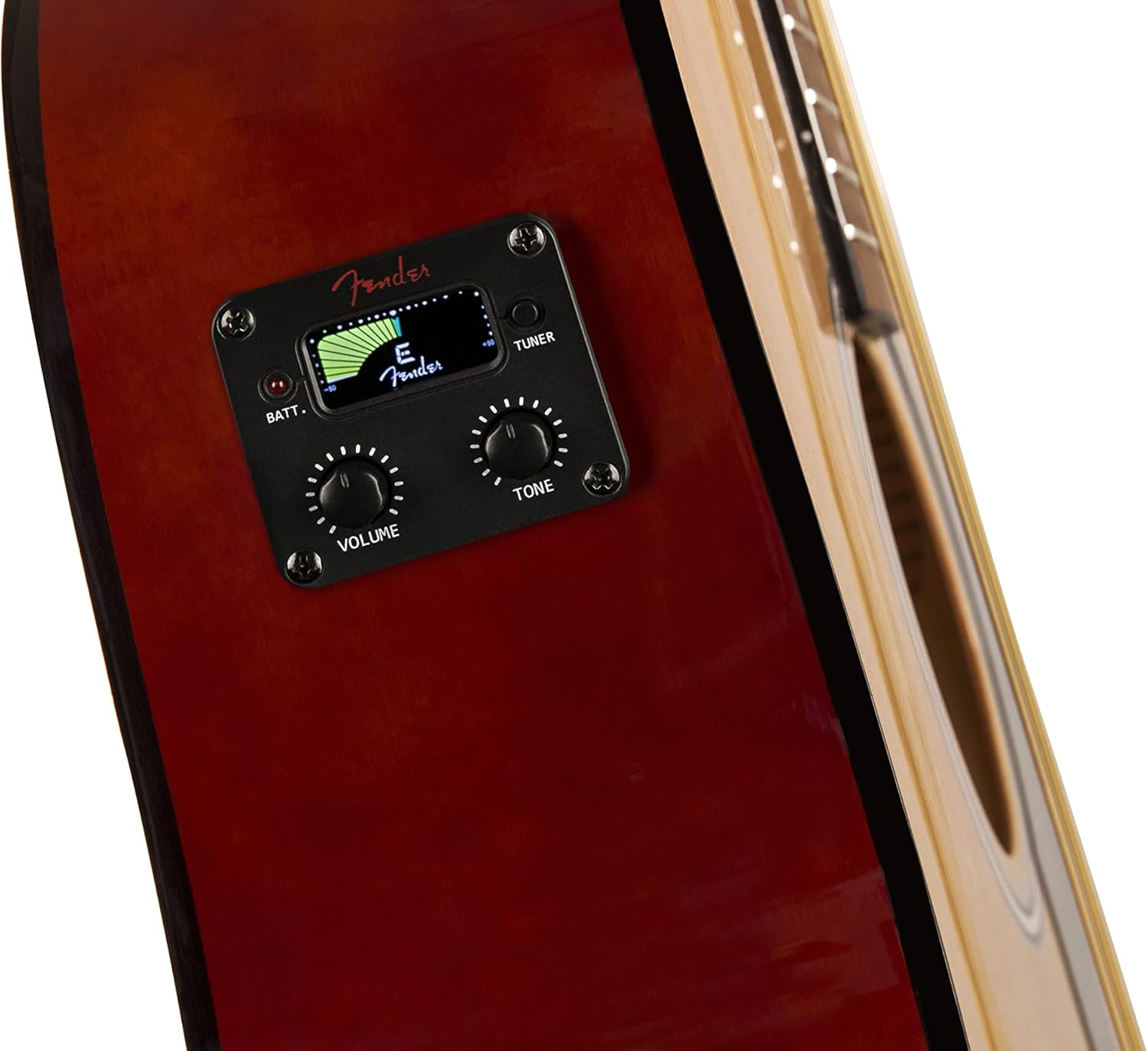 Pré-amplificador embutido com afinador digital na guitarra Fender FA-125CE modelo acústico-elétrico
