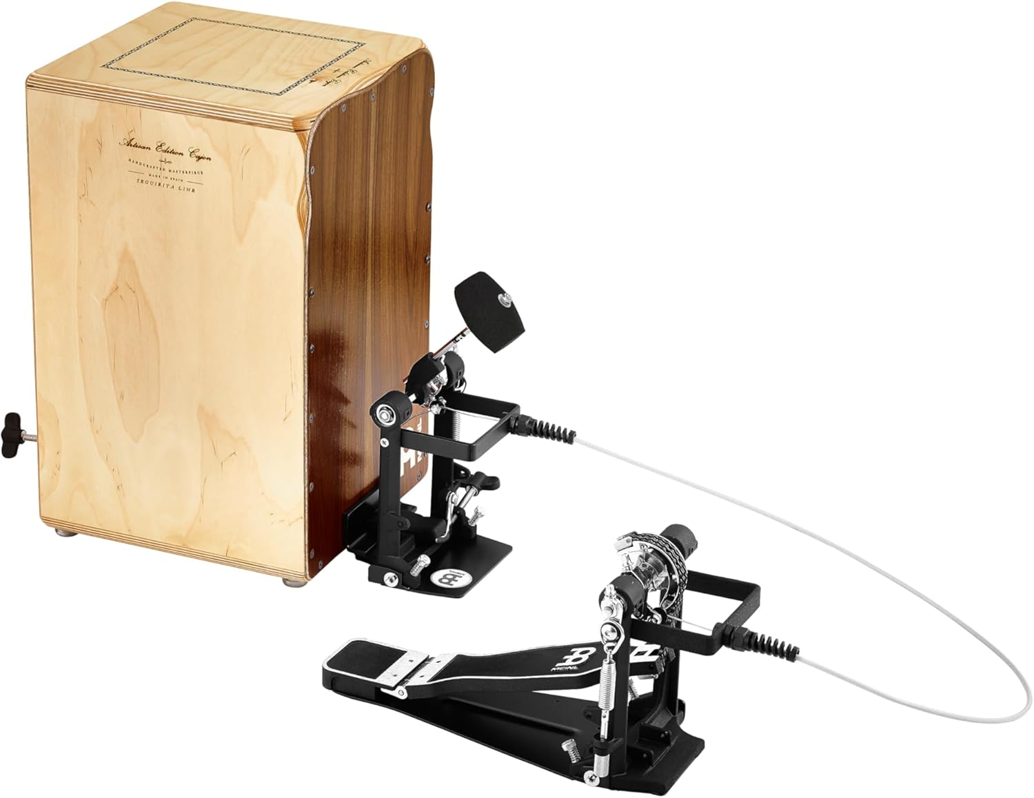 Cajon artesanal com pedal Meinl CPB1 com batente de espuma macia preta hexagonal