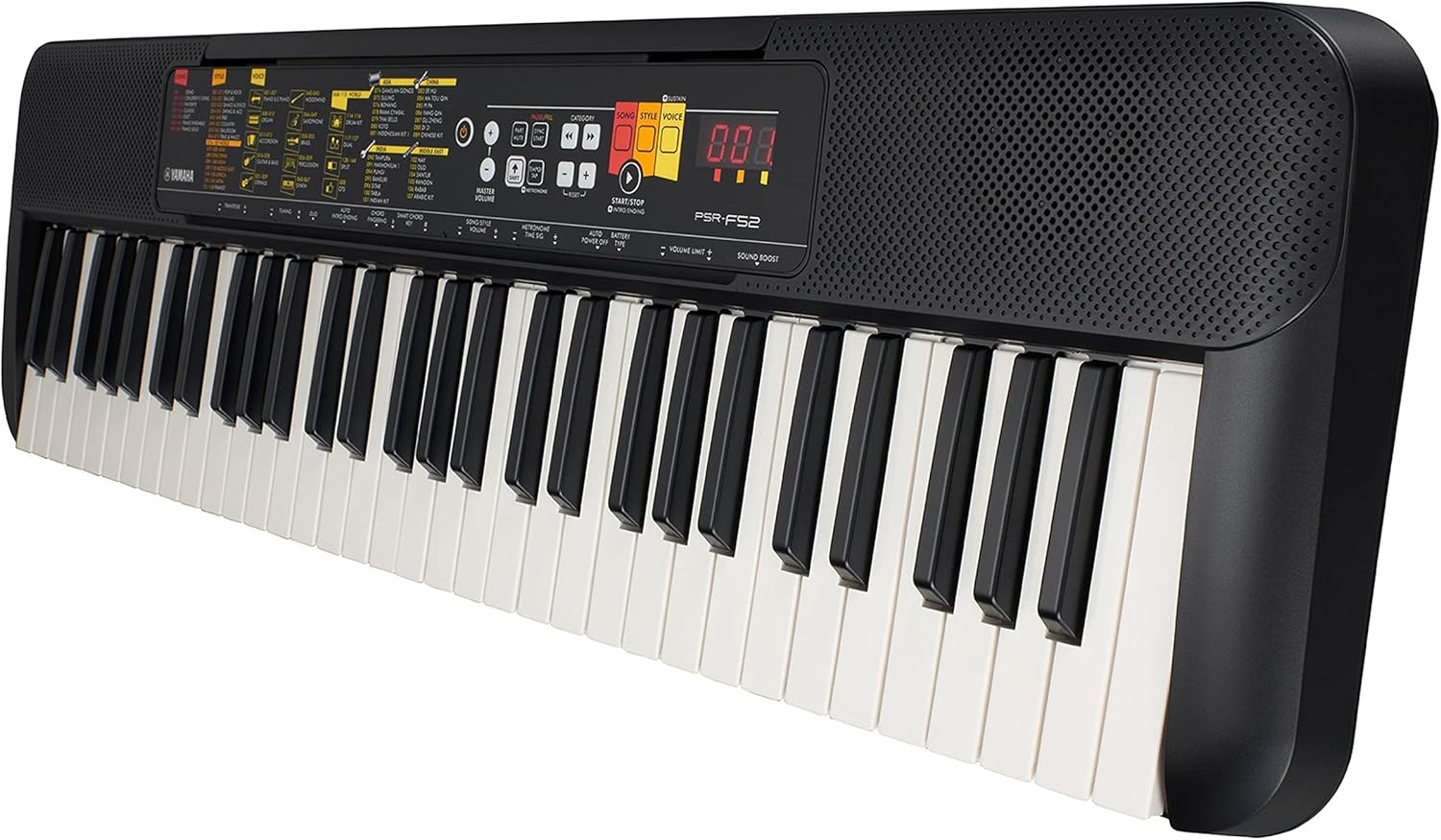 Close do teclado digital Yamaha PSR-F52 mostrando painel de controle e teclas.