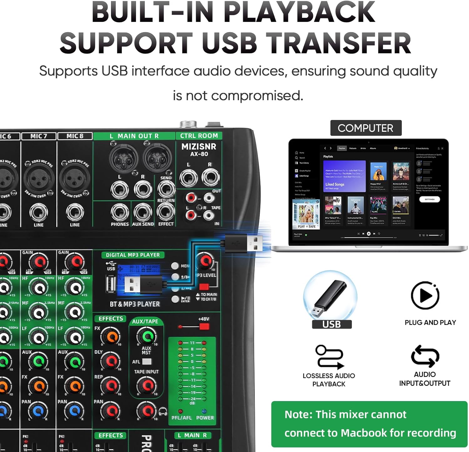 Mixer MIZISNR AX-80 com suporte a reprodução USB integrada e transferência de áudio via USB