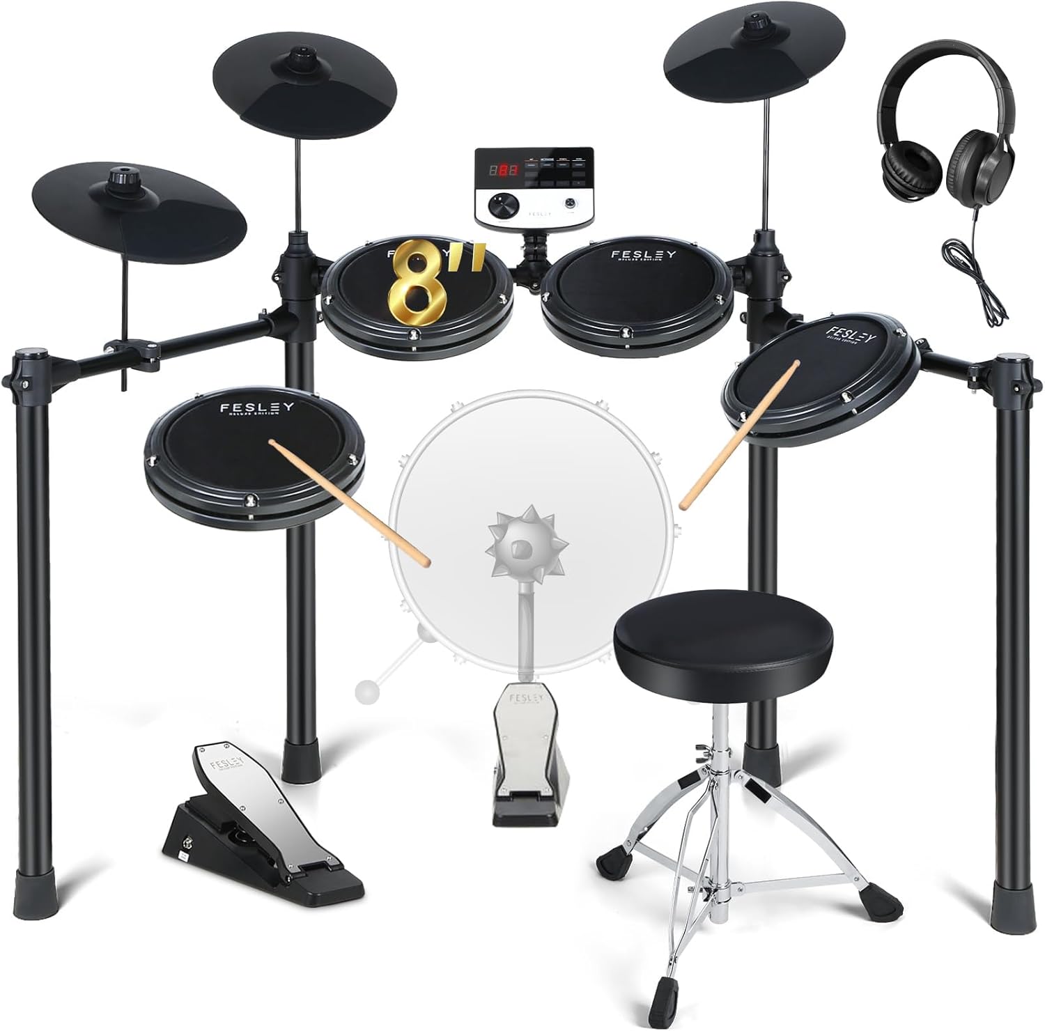 Kit bateria eletrônica Fesley com 4 pads de malha, caixa dupla, controlador digital e fones de ouvido