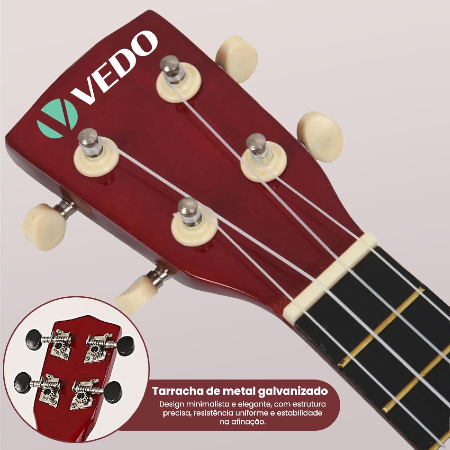 Cabeça do ukulele ANVAR UK10 com tarraxas de metal galvanizado para melhor afinação.