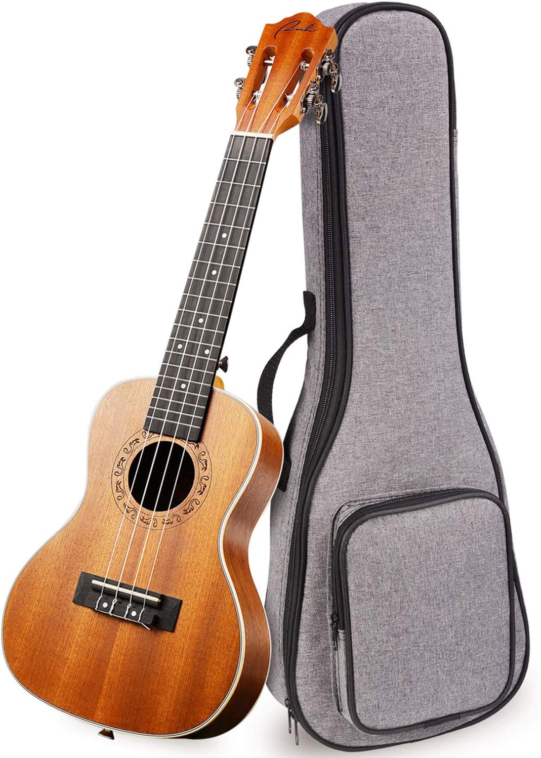 Ukulele Ranch de concerto com capa cinza com bolso e alça lateral em fundo branco