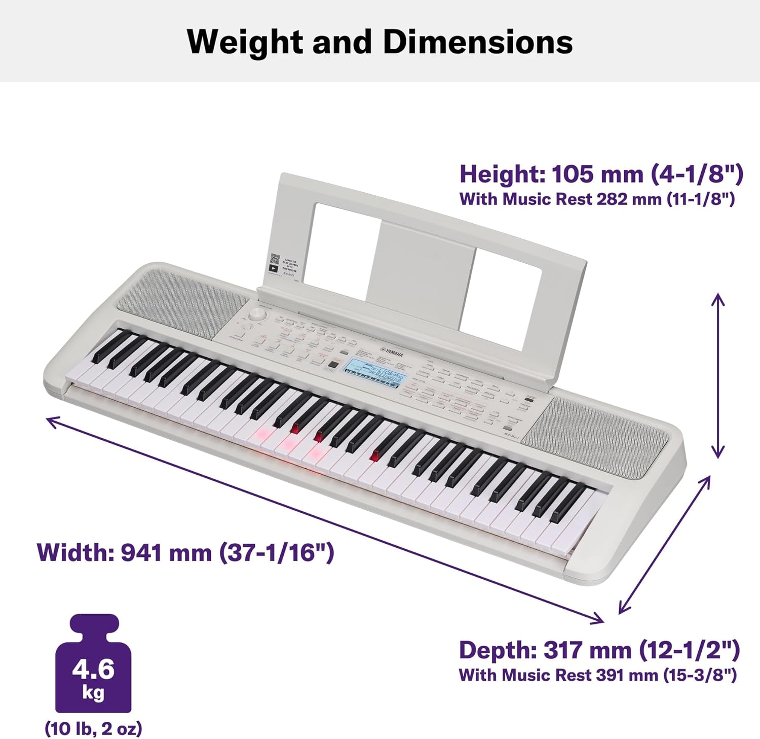 Dimensões e peso do teclado Yamaha EZ-310 portátil com suporte para partituras