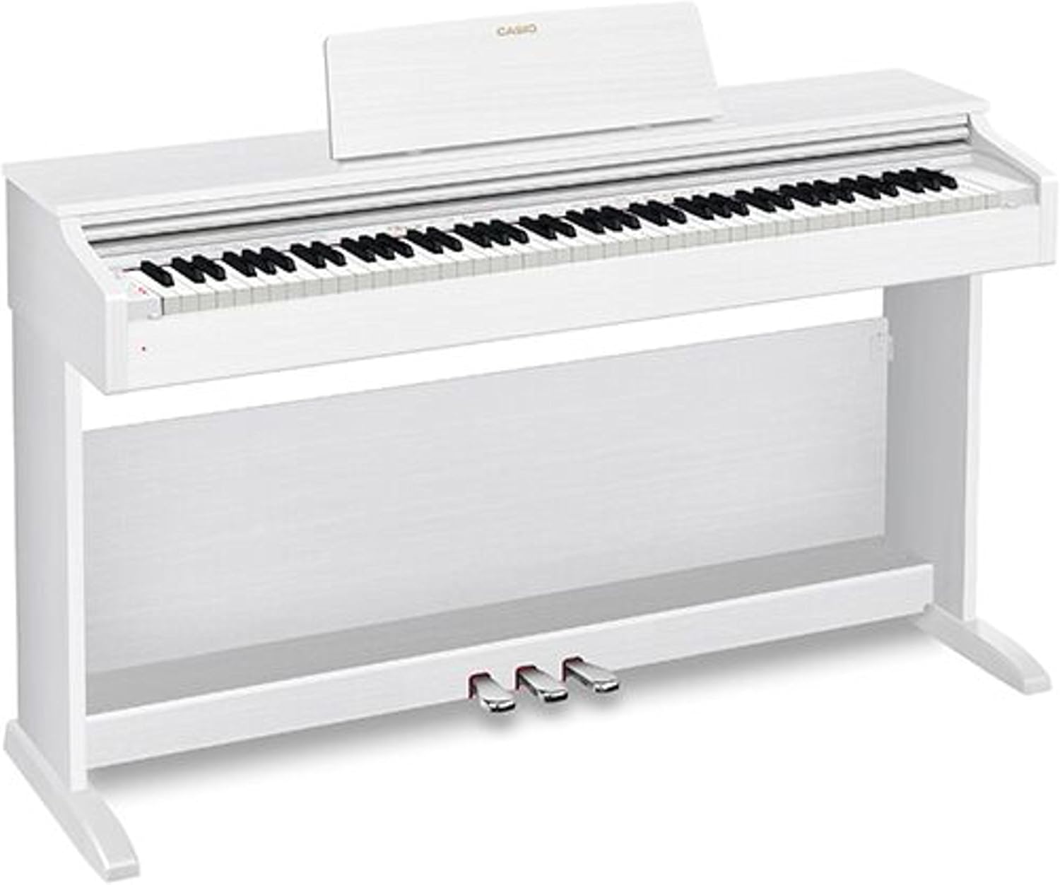 Piano digital Casio Celviano AP270 branco frontal com três pedais e suporte para partituras