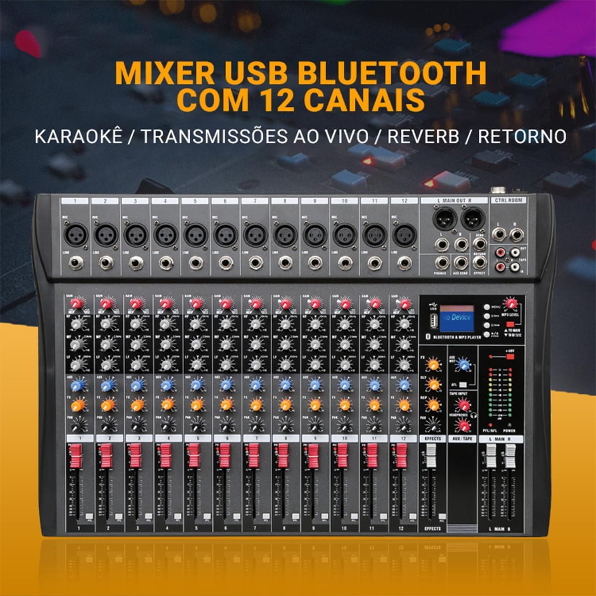 Mesa de som profissional GMRGB com Bluetooth e 12 canais, funções para karaokê e transmissões ao vivo