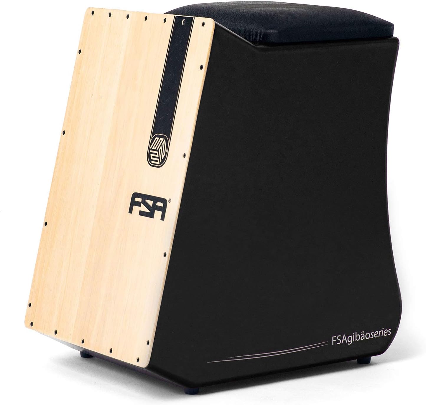 Cajon FSA Gibao FGB6501 com assento almofadado preto e frente em madeira clara, corpo preto liso com logo FSA.