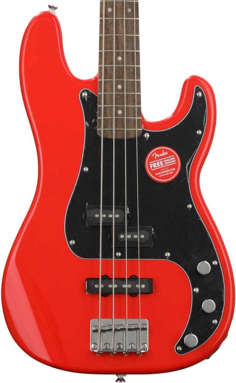 Squier Affinity Series Precision Bass PJ Contrabaixo 4 cordas vermelho com escudo preto e braço de madeira com trastes