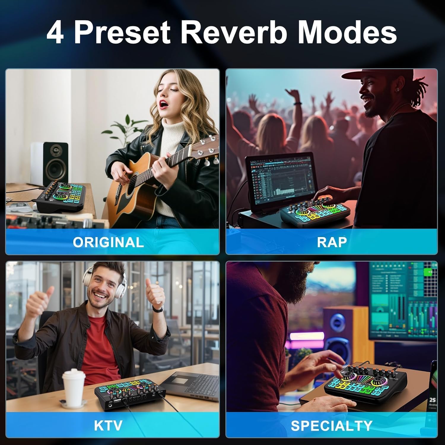 Modos de reverberação do mixer de áudio Beyoursun para jogos: Original, Rap, KTV e Specialty
