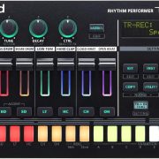 Roland TR-6S bateria eletrônica compacta com seis faixas coloridas e controles diversos em painel preto.