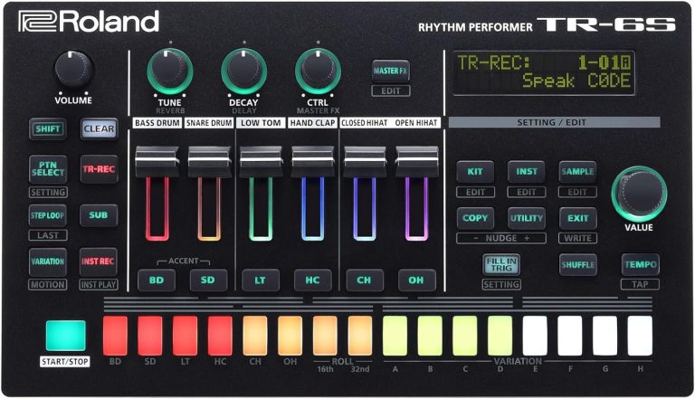 Roland TR-6S bateria eletrônica compacta com seis faixas coloridas e controles diversos em painel preto.