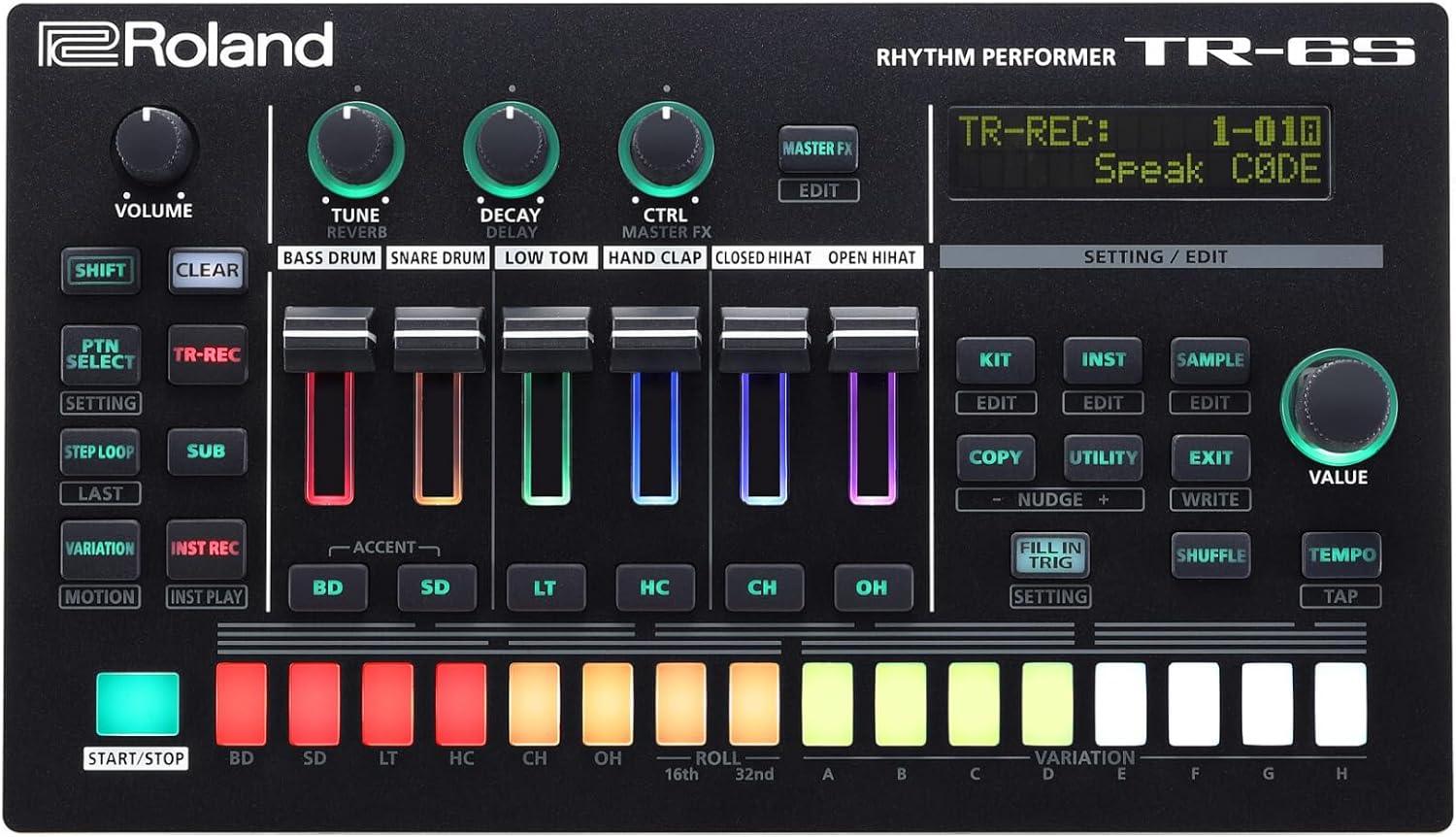Roland TR-6S bateria eletrônica compacta com seis faixas coloridas e controles diversos em painel preto.