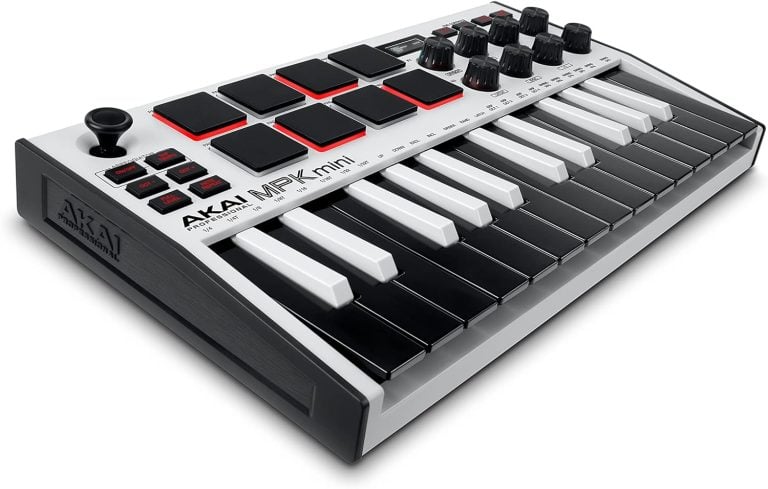 Akai Professional MPK Mini MK3 teclado MIDI USB branco com 25 teclas, 8 pads e botões rotativos